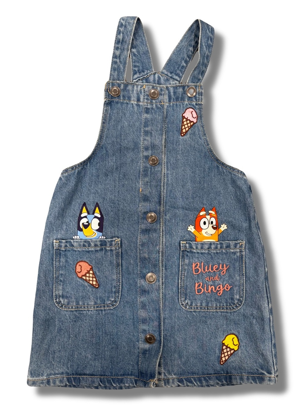 Primark Bluey & Bingo Girls Denim Overall Dress 5-6 Years Blue Knee Length